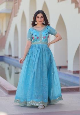 Sky Blue Embroidered Crunchy Anarkali