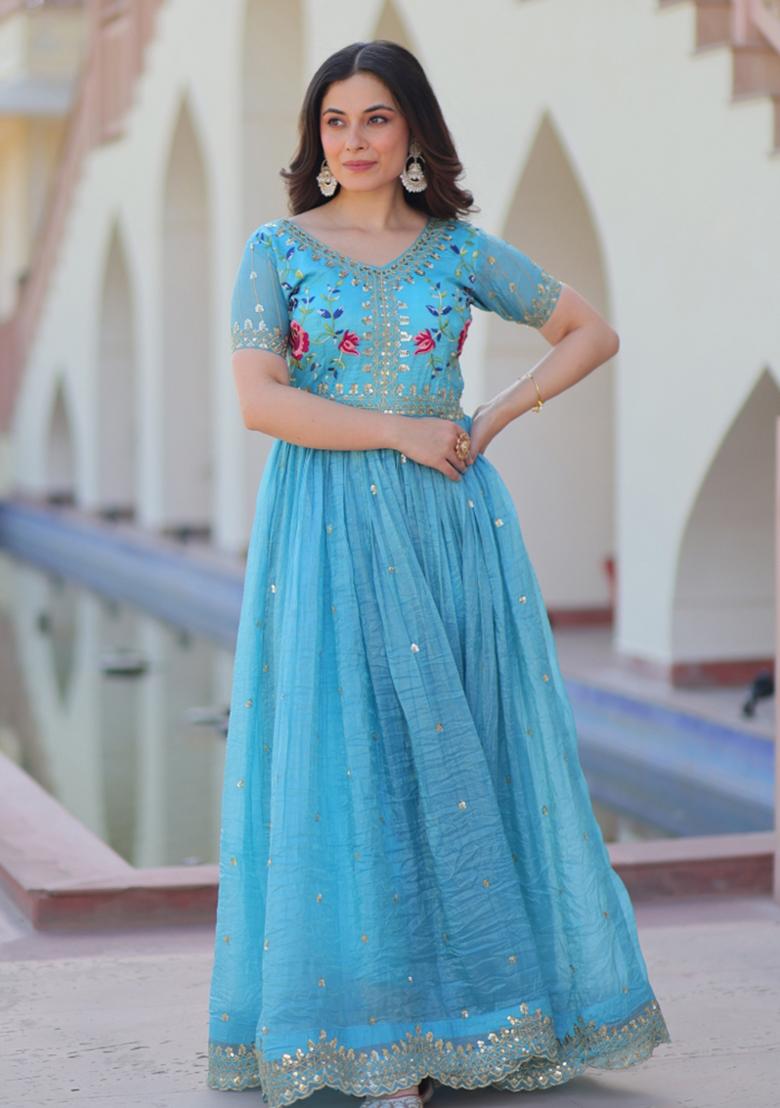Sky Blue Embroidered Crunchy Anarkali - Indya