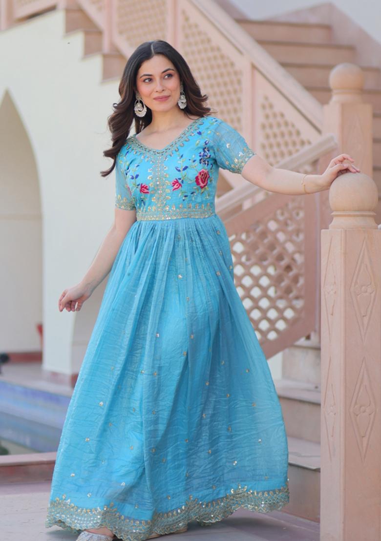 Sky Blue Embroidered Crunchy Anarkali - Indya
