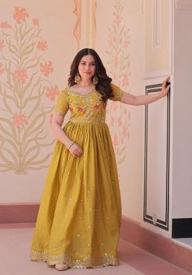 Yellow Embroidered Crunchy Anarkali