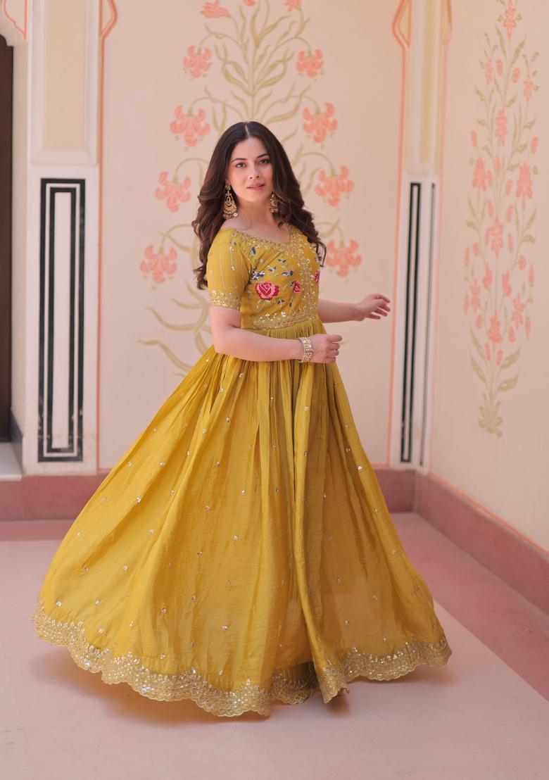 Yellow Embroidered Crunchy Anarkali - Indya