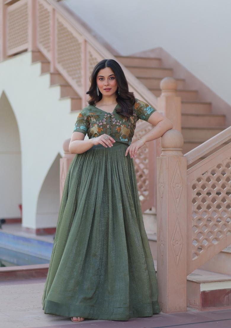 Green Embroidered Crunchy Anarkali Set - Indya