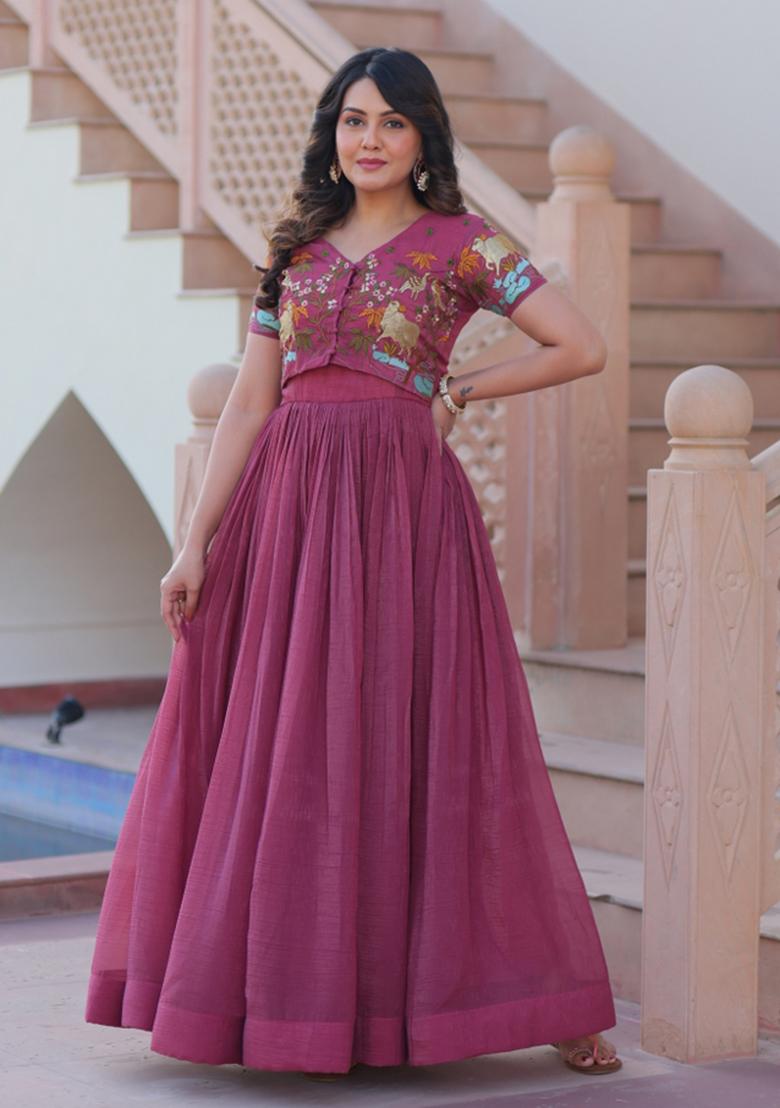 Onion Embroidered Crunchy Anarkali Set - Indya