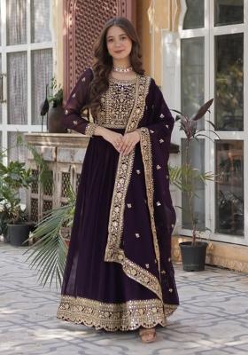 Wine Embroidered Faux Blooming Anarkali Set