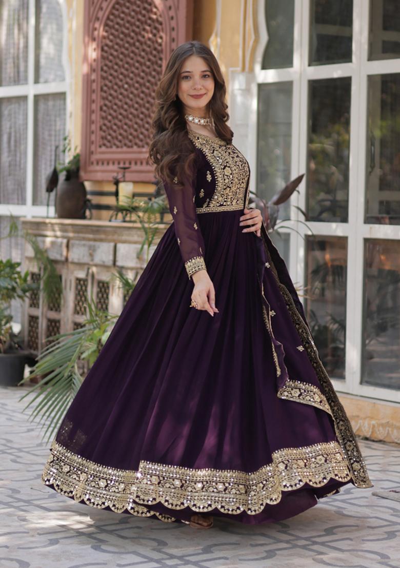 Wine Embroidered Faux Blooming Anarkali Set - Indya