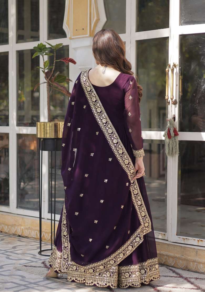 Wine Embroidered Faux Blooming Anarkali Set - Indya
