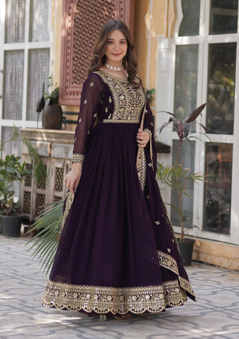 Wine Embroidered Faux Blooming Anarkali Set - Indya