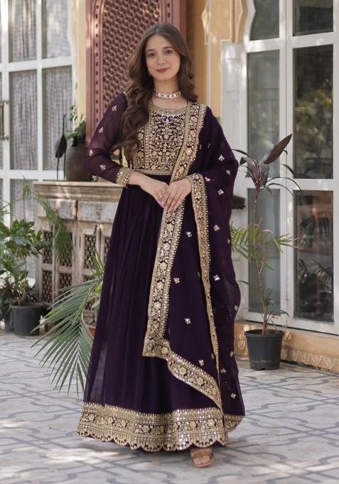 Wine Embroidered Faux Blooming Anarkali Set