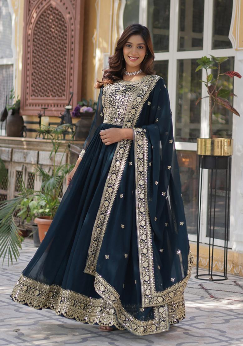 Rama Embroidered Faux Blooming Anarkali Set - Indya