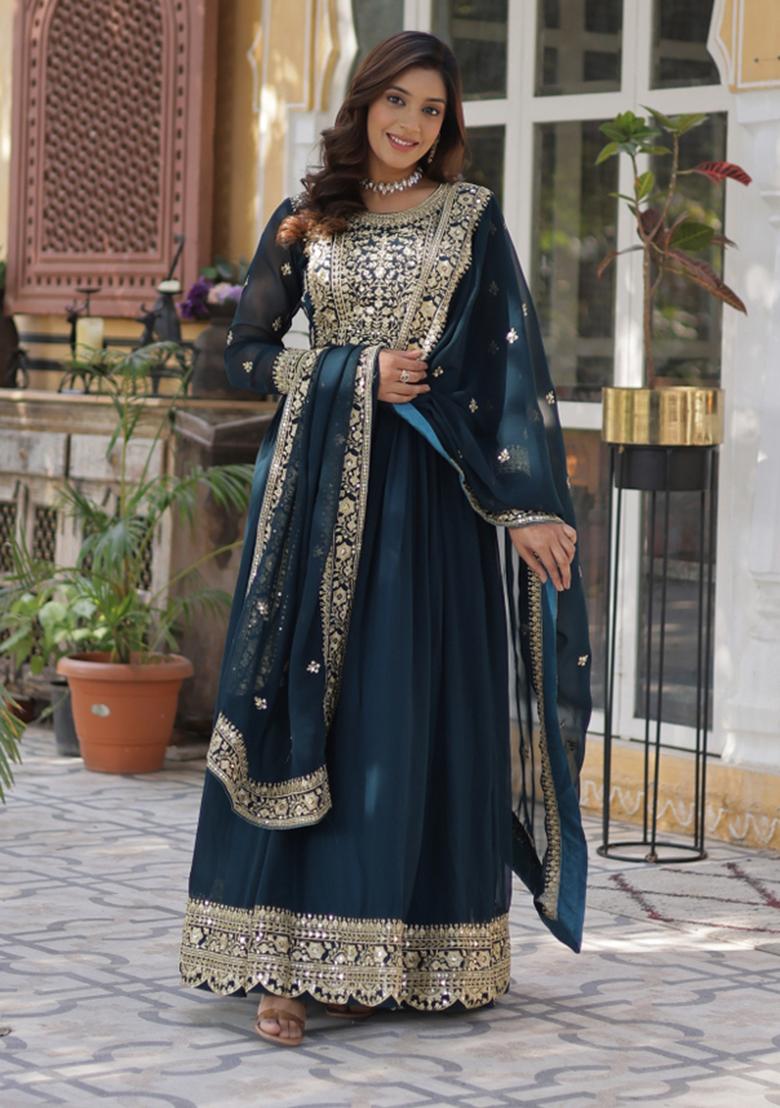 Rama Embroidered Faux Blooming Anarkali Set - Indya