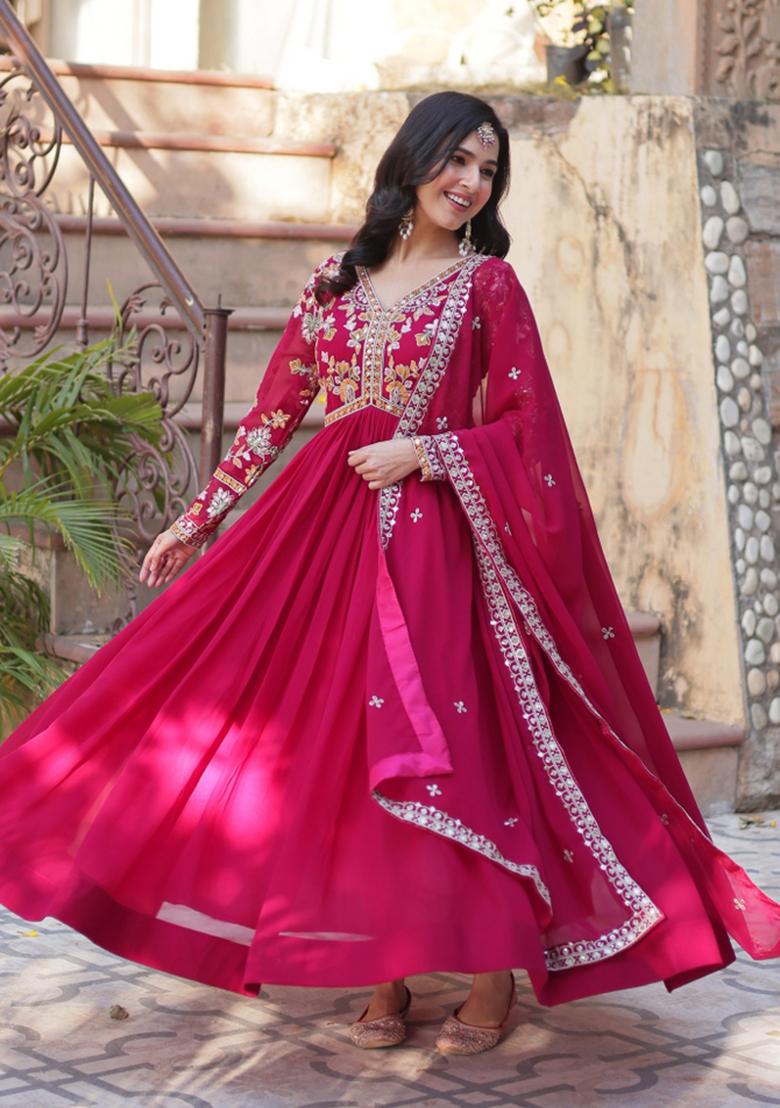 Pink Embroidered Faux Blooming Anarkali Set - Indya