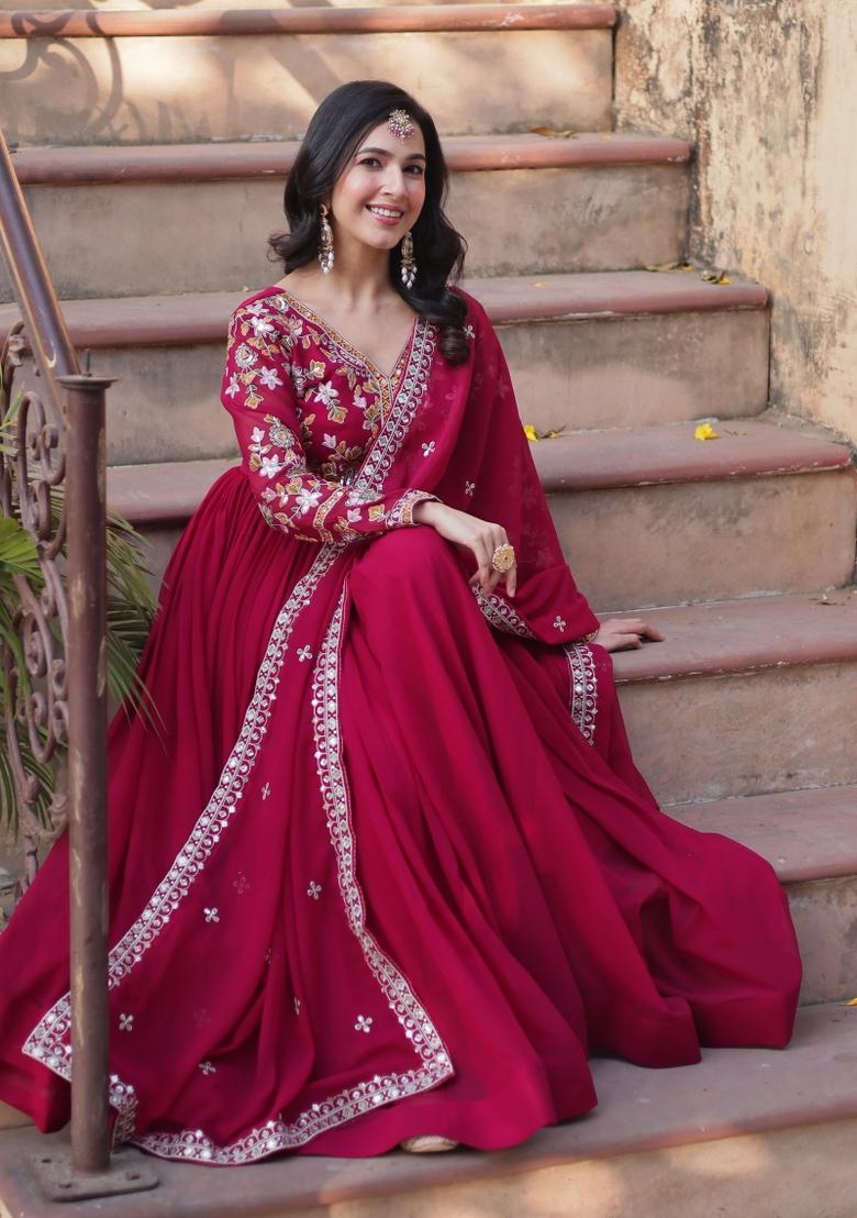 Pink Embroidered Faux Blooming Anarkali Set - Indya