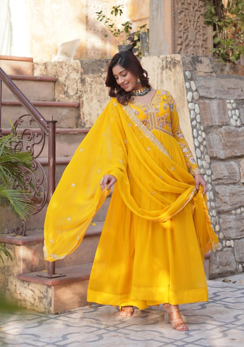 Yellow Embroidered Faux Blooming Anarkali Set - Indya