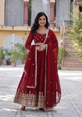 Maroon Embroidered Faux Blooming Anarkali Set