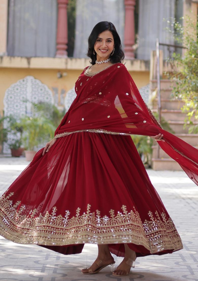 Maroon Embroidered Faux Blooming Anarkali Set - Indya