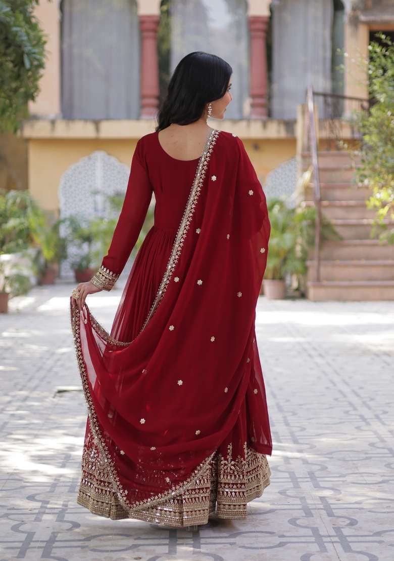 Maroon Embroidered Faux Blooming Anarkali Set - Indya