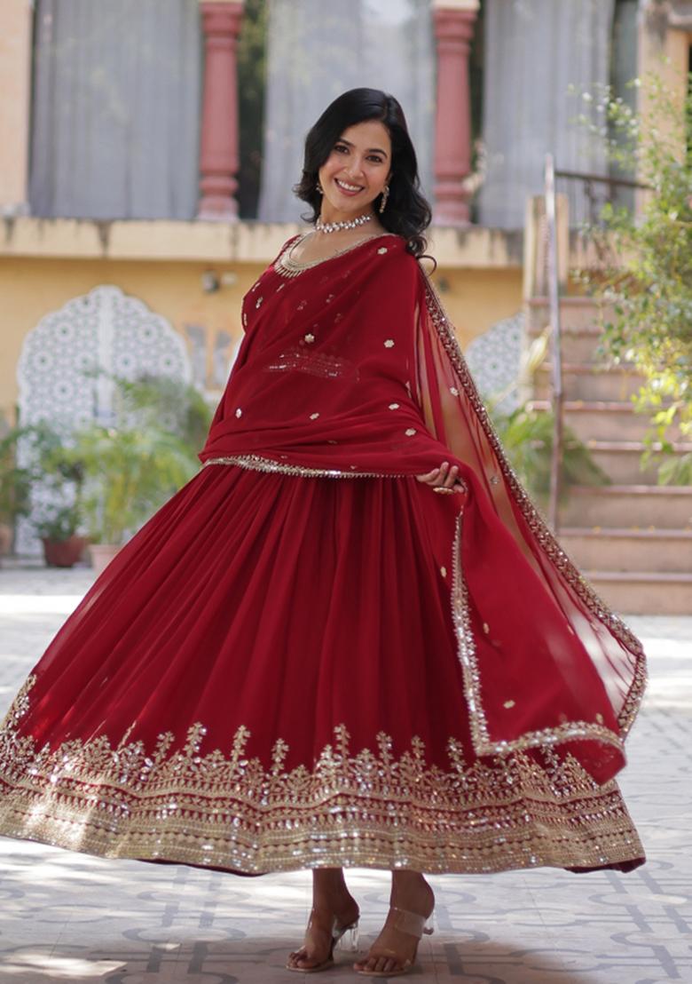 Maroon Embroidered Faux Blooming Anarkali Set - Indya
