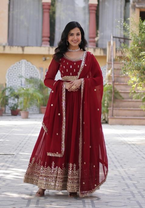 Maroon Embroidered Faux Blooming Anarkali Set