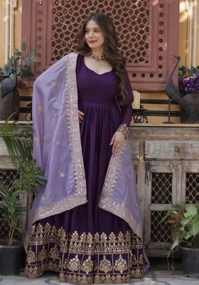 Purple Embroidered Georgette Anarkali Set