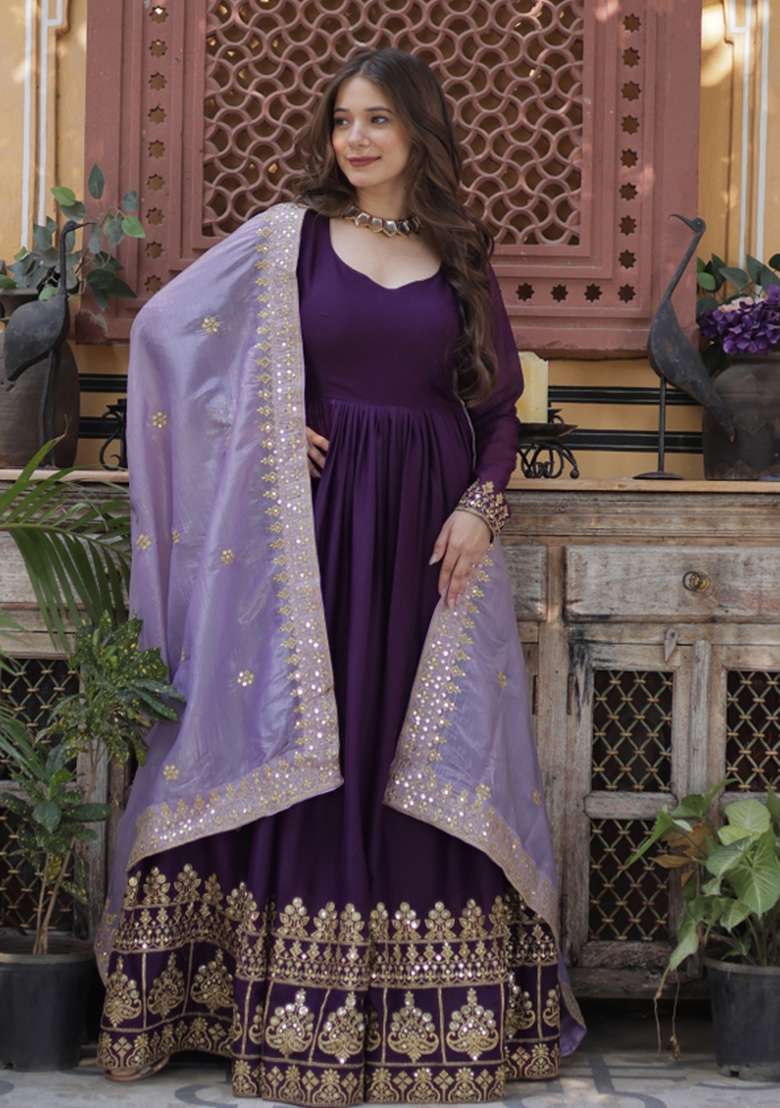 Purple Embroidered Georgette Anarkali Set - Indya