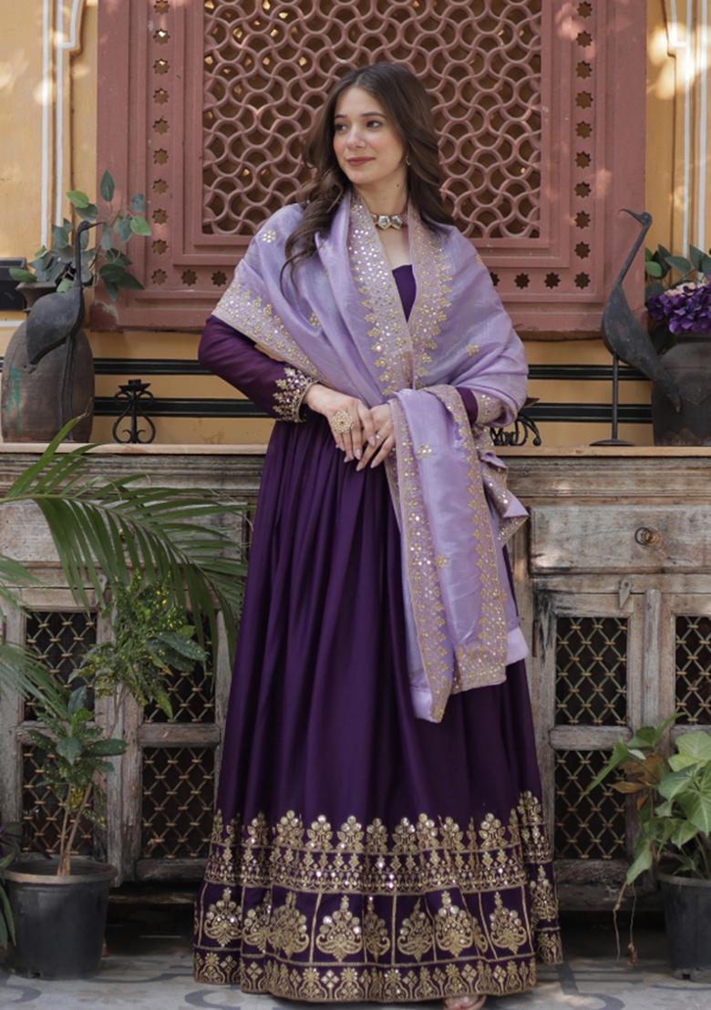 Purple Embroidered Georgette Anarkali Set - Indya