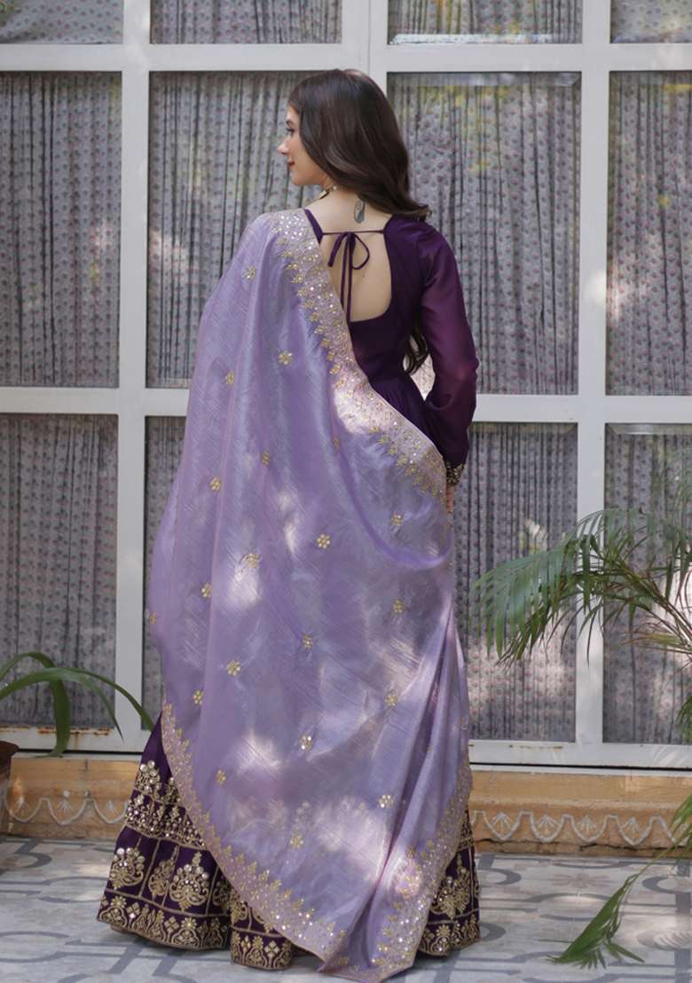 Purple Embroidered Georgette Anarkali Set - Indya