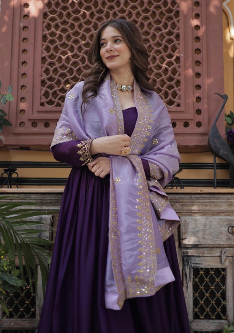 Purple Embroidered Georgette Anarkali Set - Indya