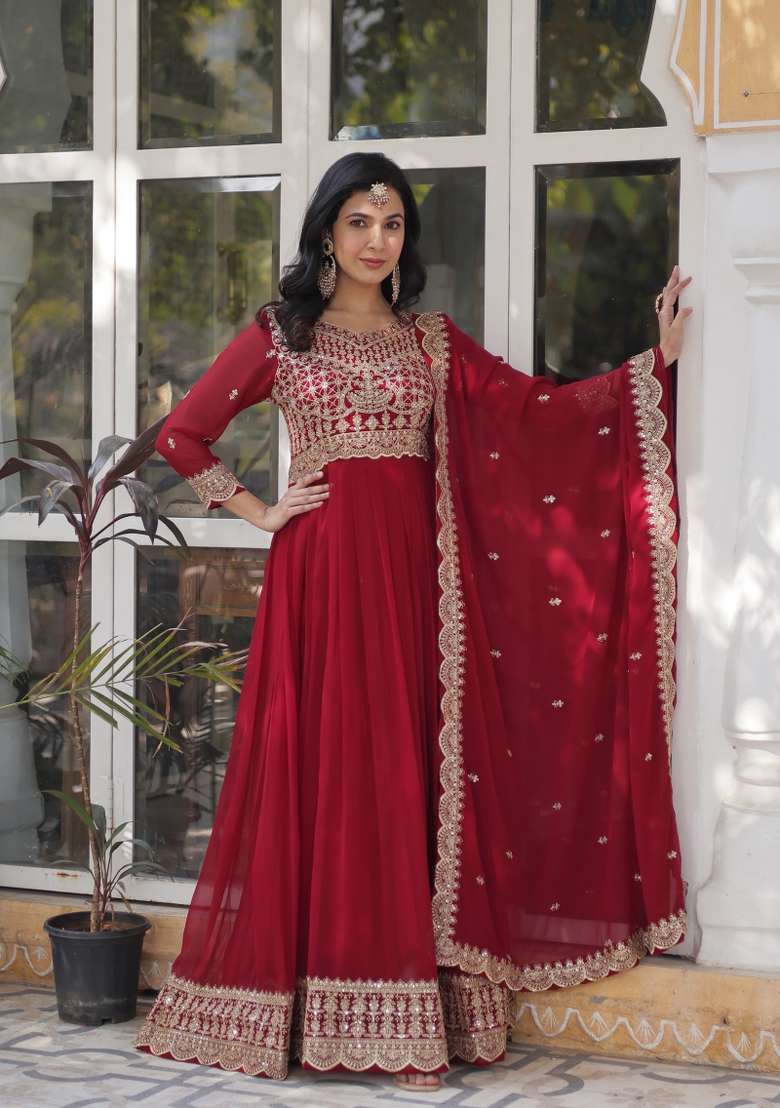Maroon Embroidered Faux Blooming Anarkali Set - Indya