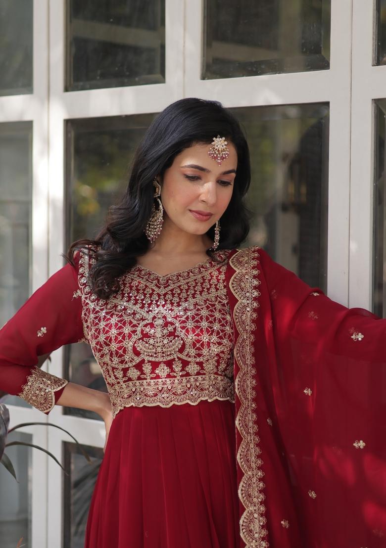 Maroon Embroidered Faux Blooming Anarkali Set - Indya