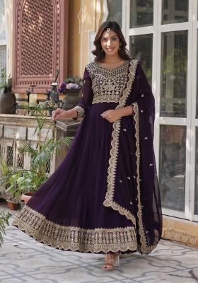 Wine Embroidered Faux Blooming Anarkali Set