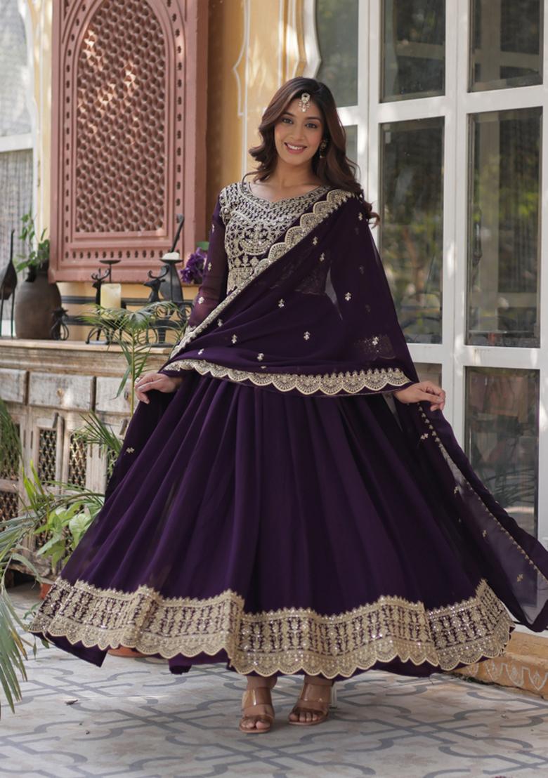 Wine Embroidered Faux Blooming Anarkali Set - Indya