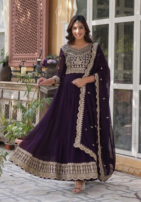 Wine Embroidered Faux Blooming Anarkali Set