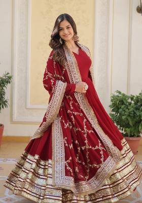 Maroon Embroidered Faux Blooming Anarkali Set