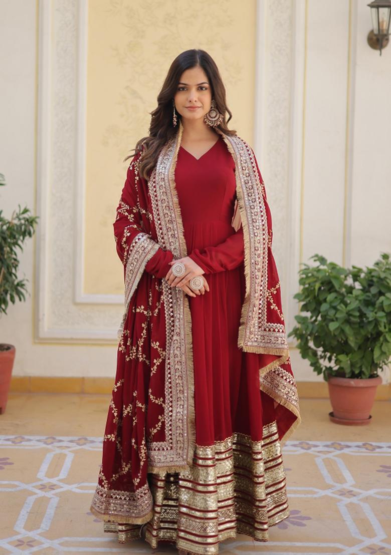 Maroon Embroidered Faux Blooming Anarkali Set - Indya