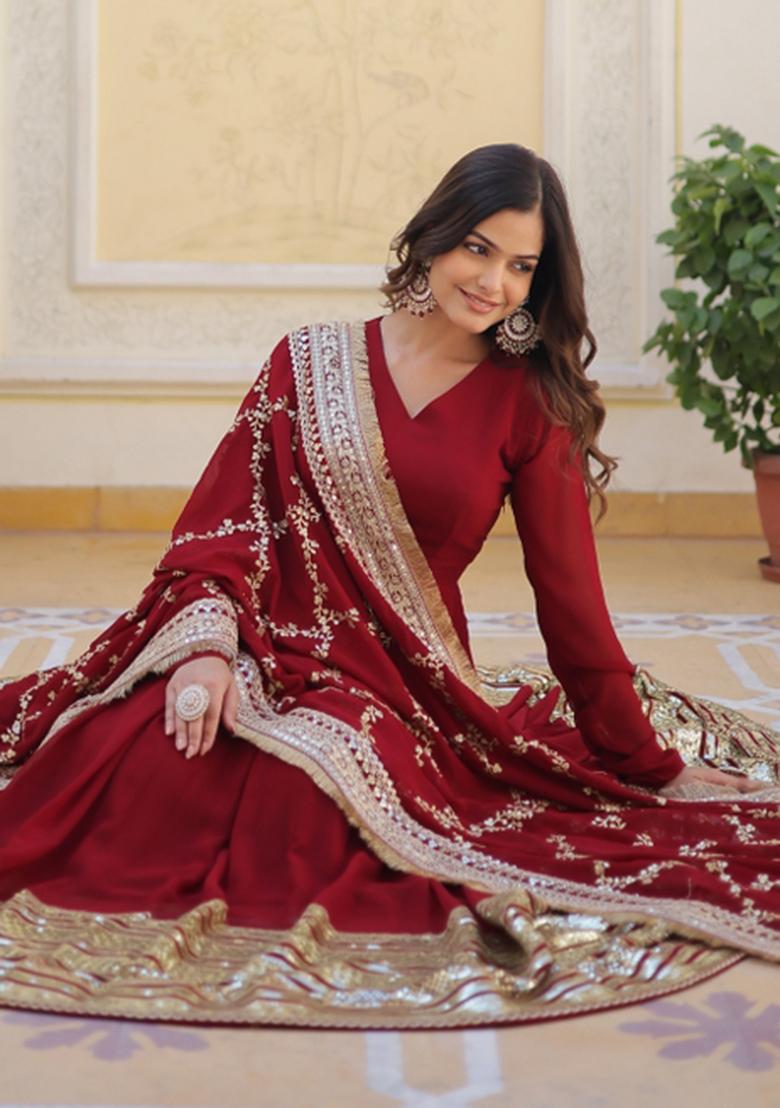 Maroon Embroidered Faux Blooming Anarkali Set - Indya