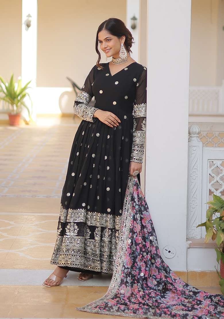 Black Embroidered Georgette Anarkali Set - Indya