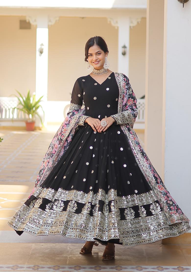 Black Embroidered Georgette Anarkali Set - Indya