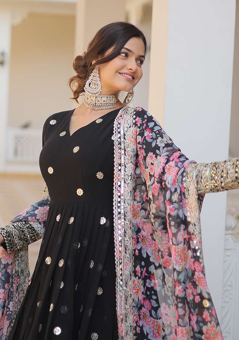 Black Embroidered Georgette Anarkali Set - Indya
