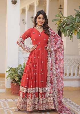 Orange Embroidered Georgette Anarkali Set