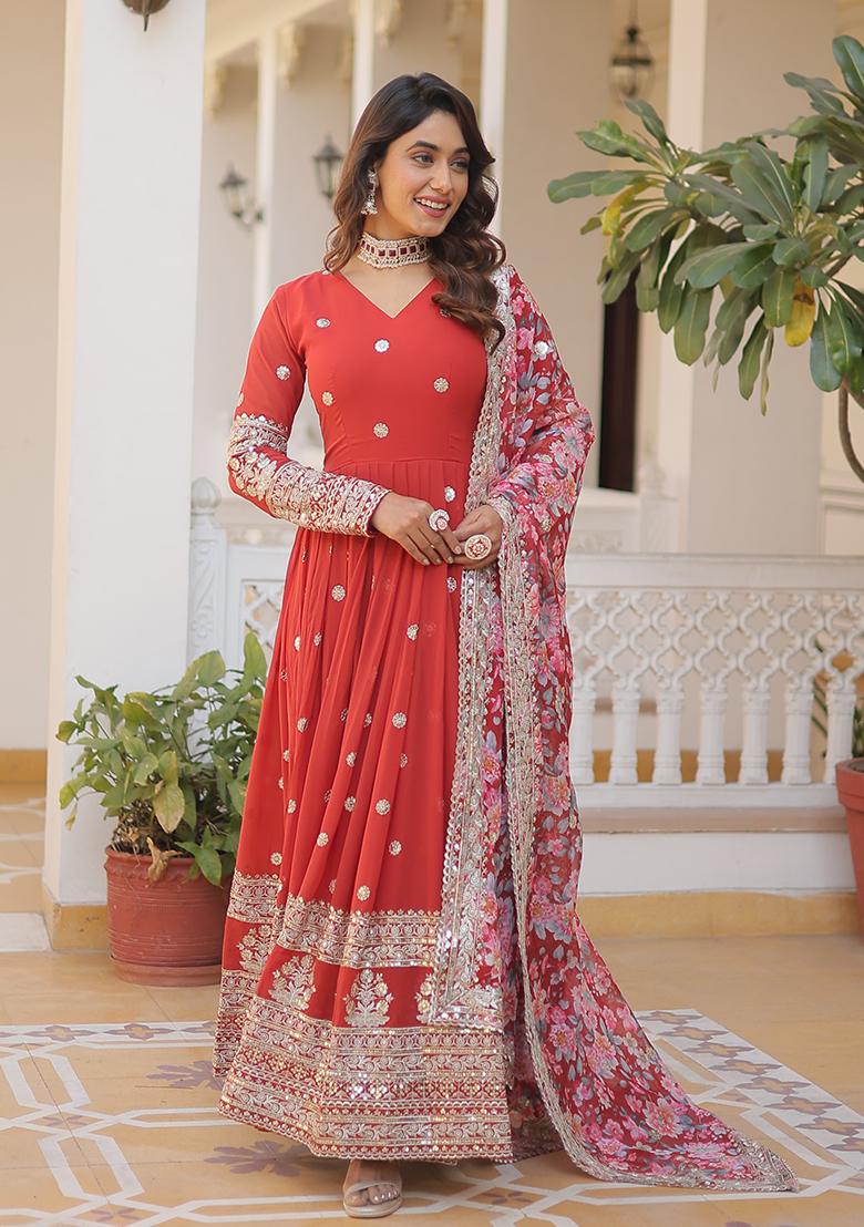 Orange Embroidered Georgette Anarkali Set - Indya