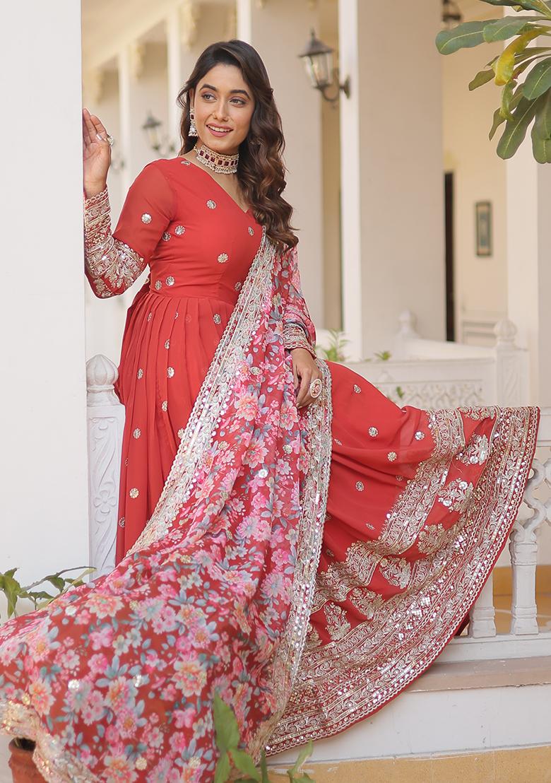 Orange Embroidered Georgette Anarkali Set - Indya