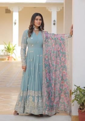 Sky Blue Embroidered Georgette Anarkali Set