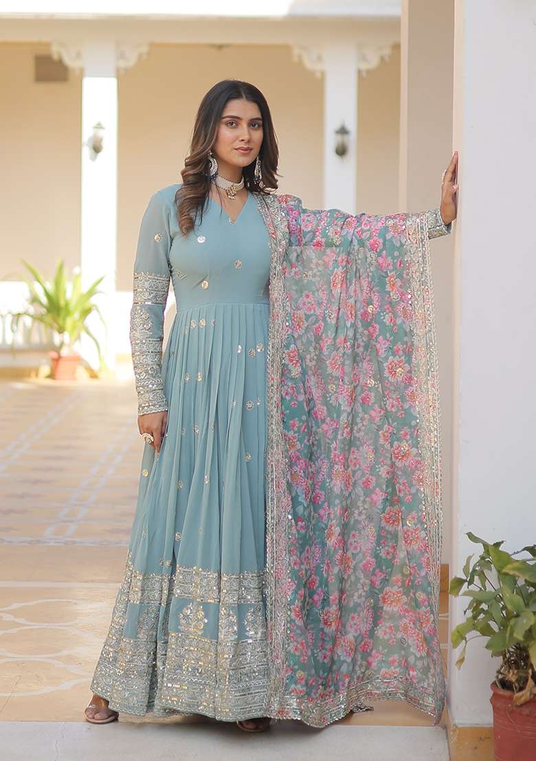 Sky Blue Embroidered Georgette Anarkali Set - Indya