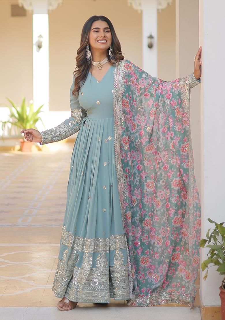 Sky Blue Embroidered Georgette Anarkali Set - Indya
