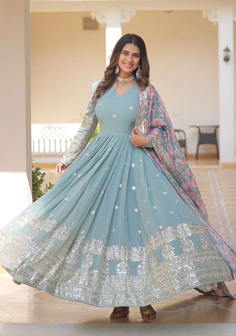 Sky Blue Embroidered Georgette Anarkali Set - Indya