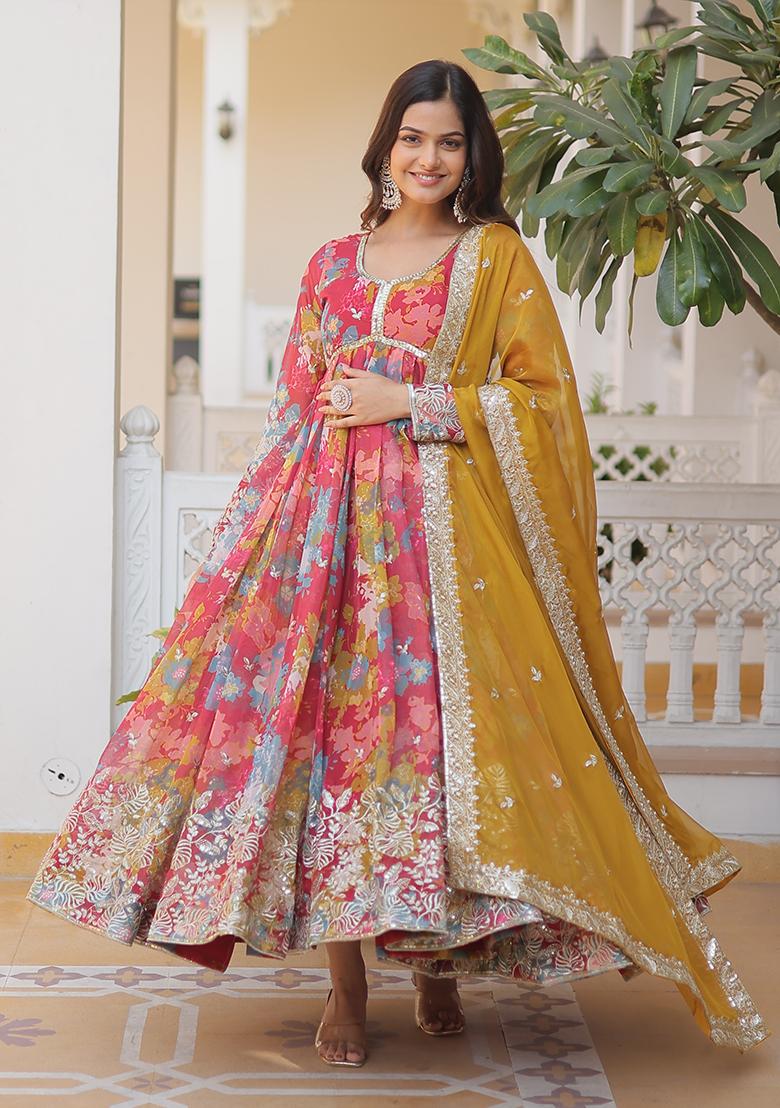 Pink Embroidered Silk Blend Anarkali Set - Indya