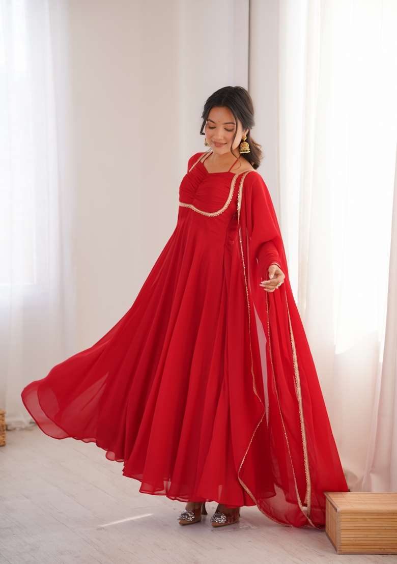 Red Lace Work Georgette Anarkali With Dupatta - Indya