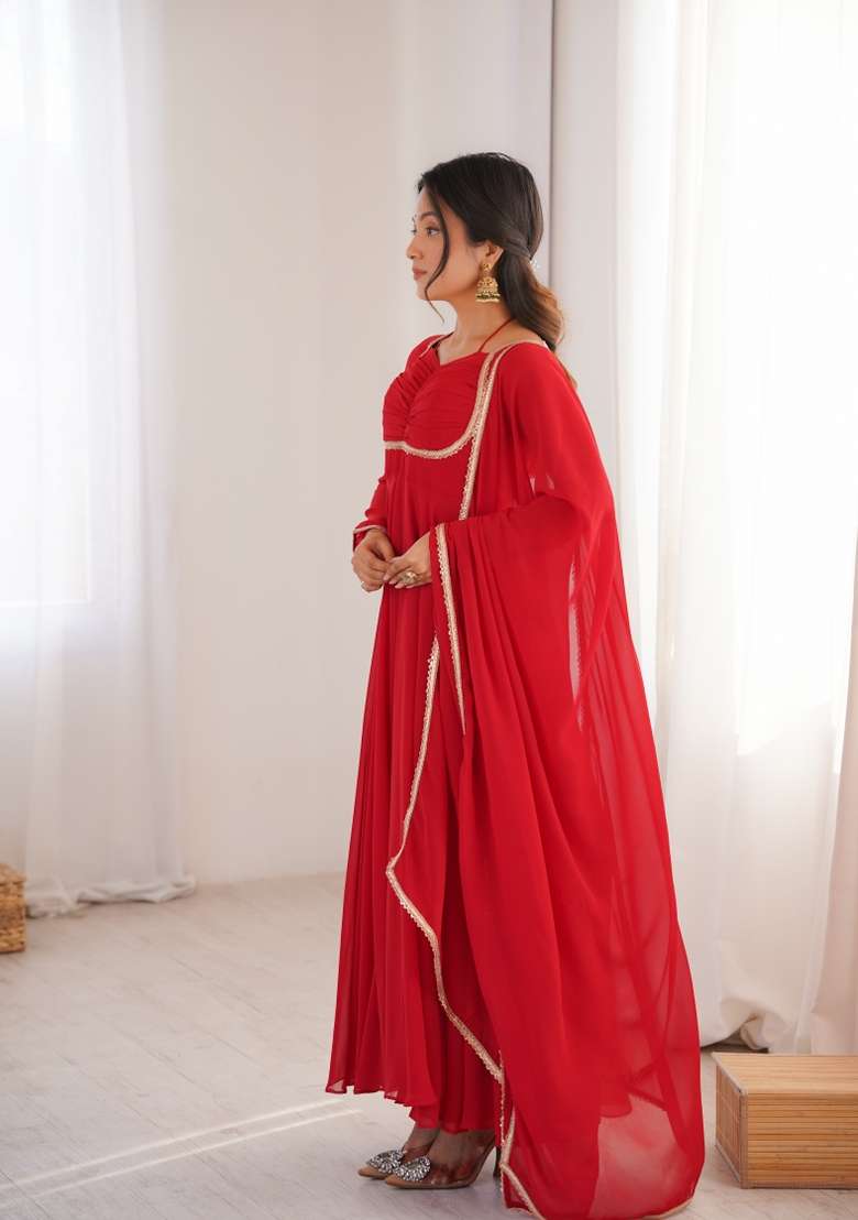 Red Lace Work Georgette Anarkali With Dupatta - Indya