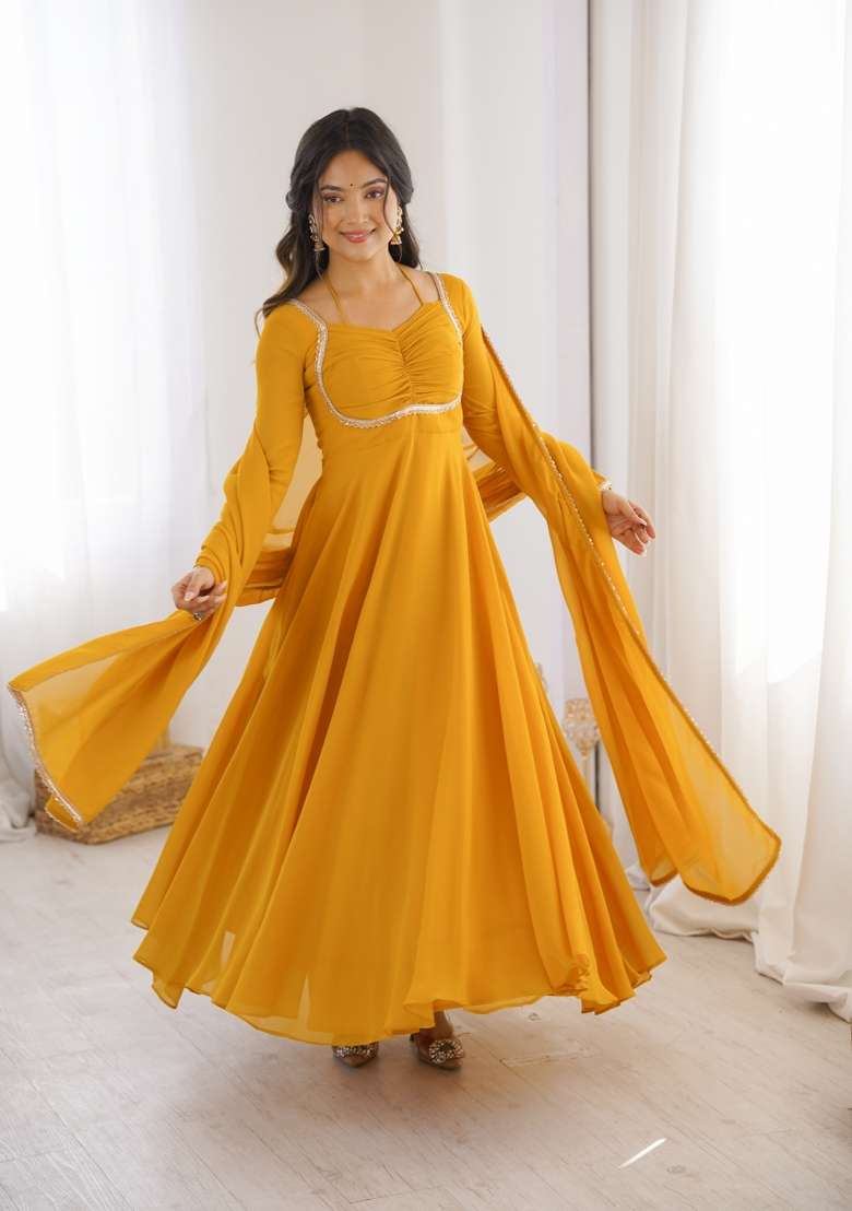 Yellow Lace Work Georgette Anarkali With Dupatta - Indya