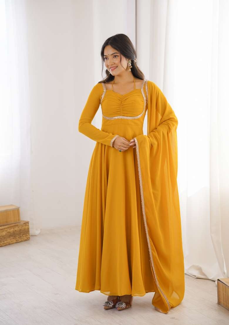 Yellow Lace Work Georgette Anarkali With Dupatta - Indya